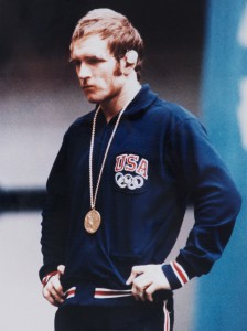 Iconic photo of a battered but victorious Dan Gable after winning the gold medal in wrestling at the 1972 Olympics in Munich, Germany.